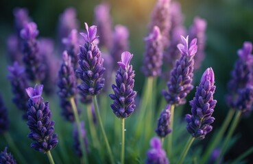 Cluster of vibrant purple lavender flowers in full bloom. Detailed photo shows delicate petals, stems. Fresh green leaves in a garden. Aromatic, soothing, fresh floral natural plant.