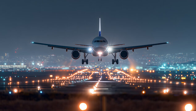 airplane taking off from airport runway at night with city lights in the background - Powered by Adobe