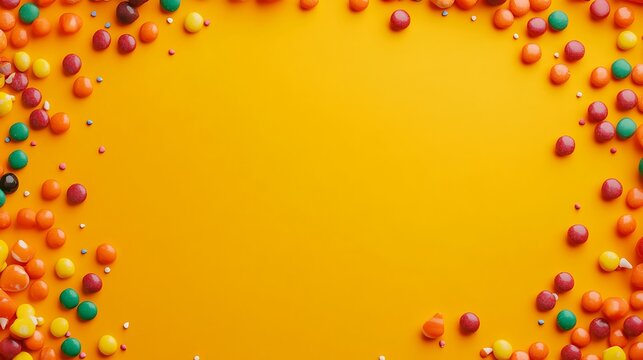 Halloween frame with scattered candy and decor on orange background with copy space