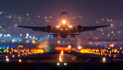 airplane taking off from airport runway at night with city lights in the background