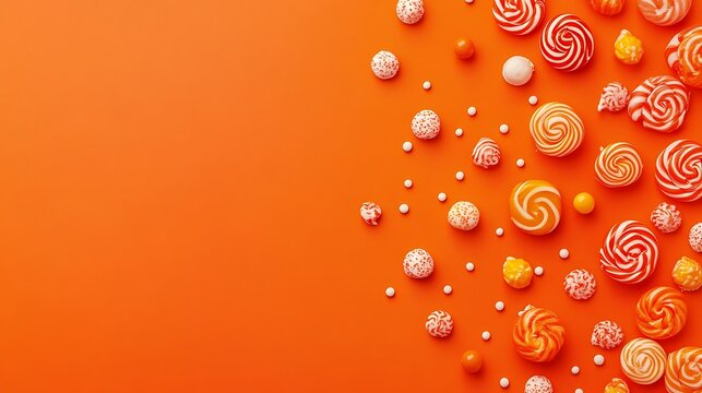 Top view of Halloween themed candy scattered with decor on orange background and copy space