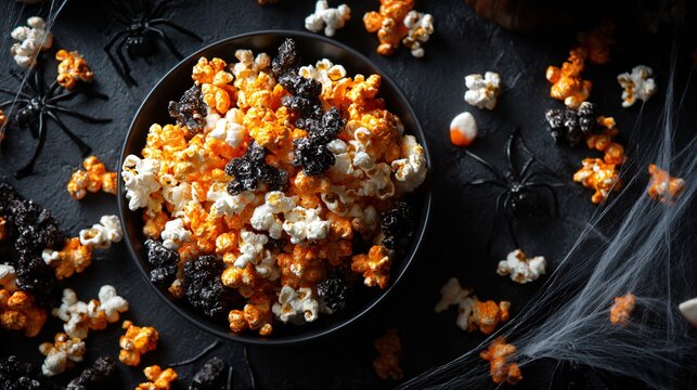 Halloween flat lay: black and orange popcorn with spooky props and spiderwebs