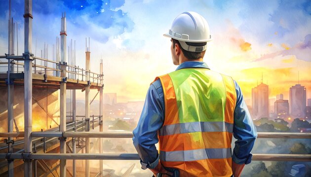 Skilled construction worker surveys city skyline at sunset, envisioning future projects and progress