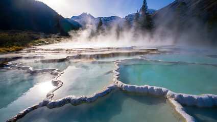 Steaming turquoise pools of a geothermal hot spring cascade down mineral terraces with majestic mountains shrouded in mist under a bright sun