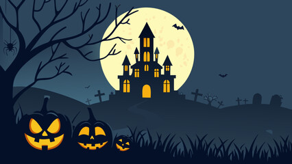 Halloween Haunted House Vector Background with Pumpkins, Bats, and Full Moon
