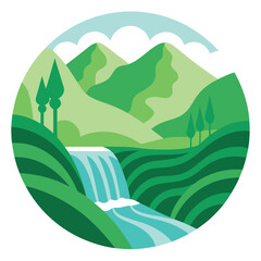 Vector art of circular graphic depicting a lush green landscape with rolling hills, trees, and a flowing waterfall