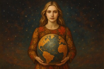Naklejka premium Autumn Goddess Holding Glowing Earth in Cosmic Space — Seasonal Harmony Illustration