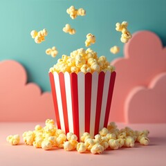 Popcorn explosion scene. Red, white striped bucket filled with popcorn spills onto floor. Yellow, white kernels create motion, excitement. Gradient blue, pink background provides vibrant contrast.