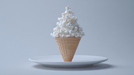 Minimalist popcorn cone on a white ceramic plate with soft gray background, Japanese aesthetic