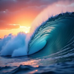 Ocean wave curling during sunset