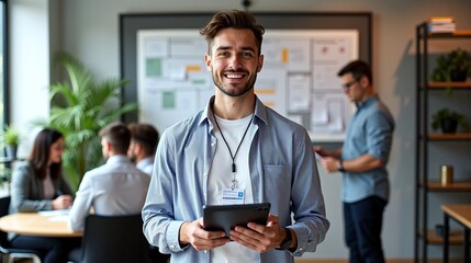 Portrait of a confident young businessman holding a digital tablet and smiling at the camera in a modern office with his team working in the background