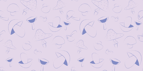 Seamless monochromatic pattern of charming hand drawn mushrooms in shades of purple. Perfect for a cozy backgrounds, web banner, home decor or decorative paper.