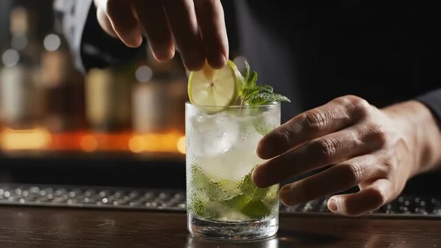 Bartender skillfully prepares a refreshing cocktail, expertly muddling fresh mint and lime. The atmosphere is vibrant, with soft lighting enhancing the drink's allure.