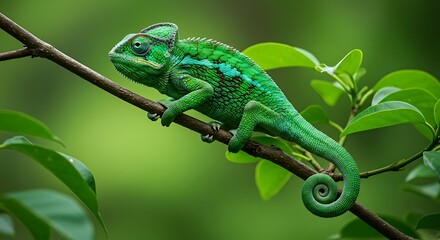 Fototapeta premium A vibrant green chameleon with intricate patterns perched on a leafy branch in a lush, blurred forest environment.