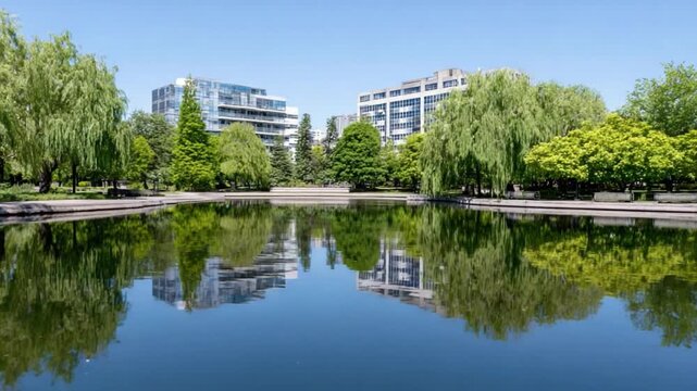 Urban Oasis: A serene scene of modern architecture harmonizing with the surrounding greenery, with clear reflections in the calm water.