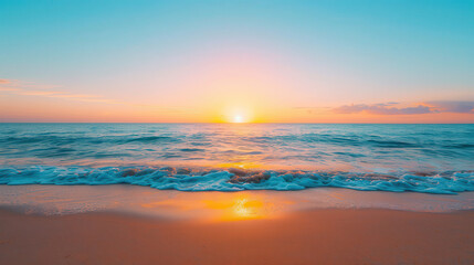 The ocean is calm and the sun is setting, creating a beautiful