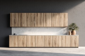 Modern kitchen cabinetry with light wood and marble accents.