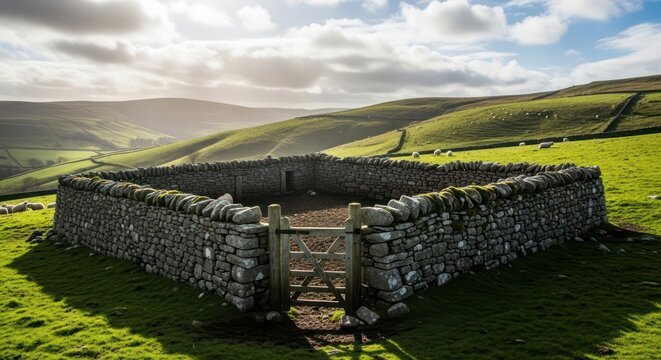 Scenic Stone Sheepfold in Rural Green Landscape, Yorkshire Dales, England