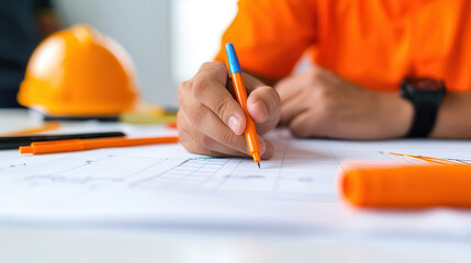 A man in an orange shirt is writing with a blue pen on a piece of paper