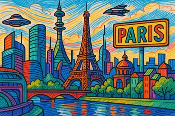 Colorful cityscape of modern Paris featuring the Eiffel Tower and futuristic elements with vibrant skyline at sunset