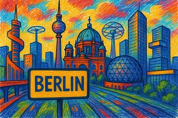 Vibrant cityscape of Berlin featuring famous landmarks and colorful skyline at sunset