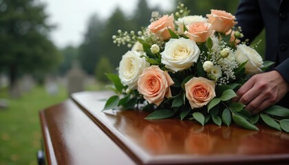 Person places floral arrangement on polished wooden coffin during solemn funeral service. Close-up shot focuses on hands arranging flowers, conveying grief, loss, remembrance. Scene captures