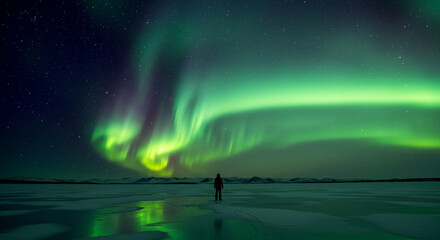 Lone figure stands in awe beneath a vibrant green and purple aurora borealis dancing across the night sky