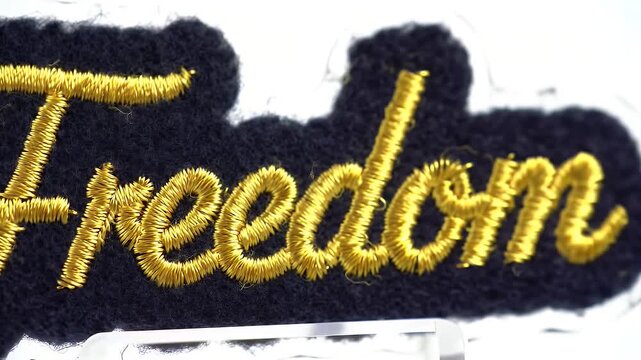 Embroidered Freedom Badge a Black Patch with Gold Lettering on White Background