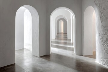 A sunlit hallway with arched doorways.