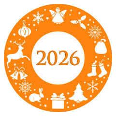 Christmas 2026 orange circular design with holiday symbols and central text background