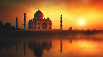 Elephant grazing by the river close to iconic Taj Mahal monument near