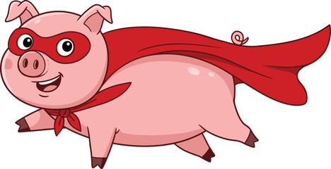 Vector illustration of cartoon superhero pig, funny farm animal character, flying pig with red cape and mask, cute comic style artwork design
