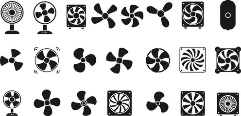 Vector illustration of electric fans and propeller icons, cooling ventilation system, household appliance design, air circulation symbols, silhouette style graphic set