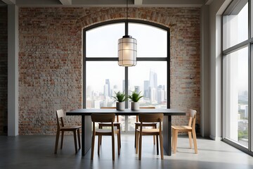 A modern loft dining area with a brick wall and cityscape view