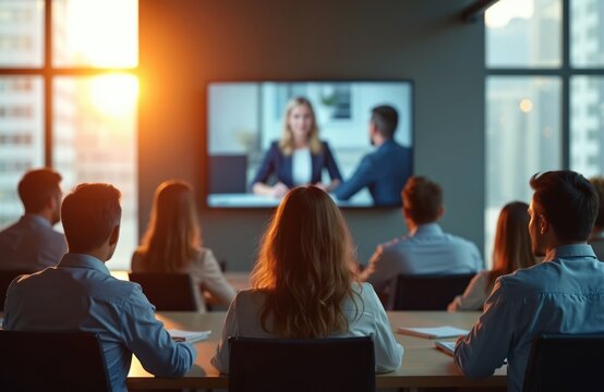 Business team observes video conference call on television. Colleagues in office meeting, watching online presentation. Modern tech supports teamwork, collaboration, communication, digital marketing,