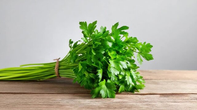 Fresh Parsley Bunch on Rustic Surface: A vibrant bundle of fresh parsley, tied with natural twine, rests gracefully on a textured wooden surface.