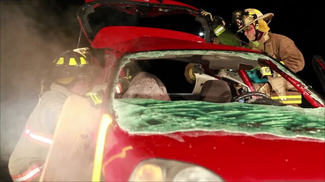 Firefighters Removing Roof with Jaws of Life from Car for Extraction of Young Girl