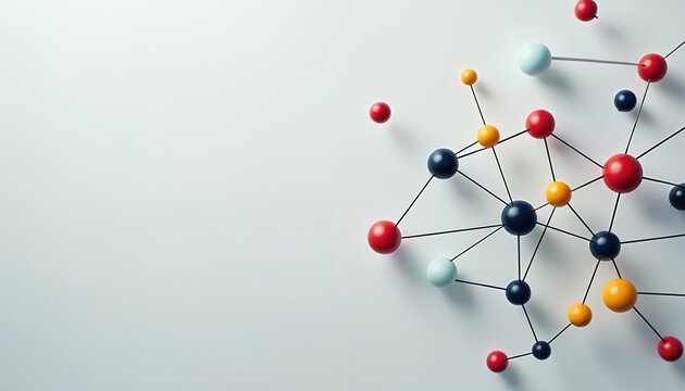 Abstract concept of network connection on white background. Colorful spheres, lines form complex network structure. Red, blue, yellow spheres connected by thin lines. Interlocking spheres create 3D - Powered by Adobe