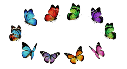 Set of Colorful butterflies flying on a white or transparent background.