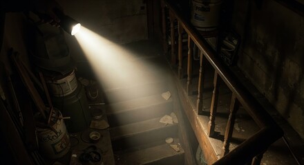Flashlight beam in dark basement revealing staircase and shadows in cinematic documentary realism