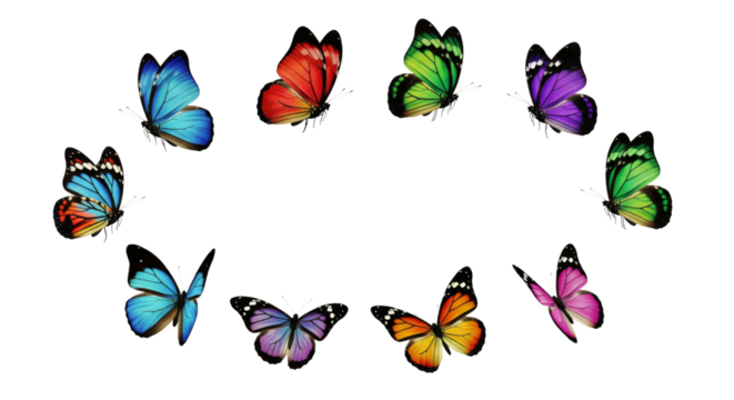 Set of Colorful butterflies flying on a white or transparent background.
