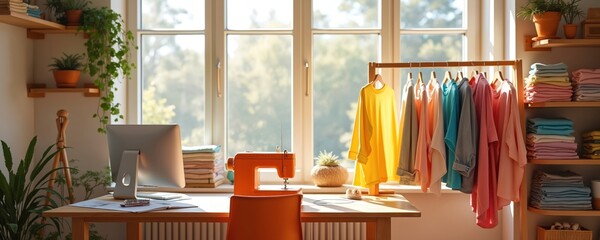 Sunny fashion design studio features a computer, sewing machine, and colorful garments on a rack. Workplace has sewing related machines and fabrics. Woman tailor works in bright pro atelier.