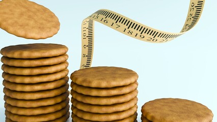 A 3d rendering of golden-brown cookies, similar to shortbread or digestive biscuits and a flexible measuring tape, symbolizing diet, calories, and the constant consideration of size and weight.