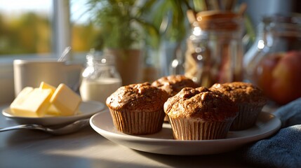 A breakfast setting with apple muffins and butter, styled in natural morning light