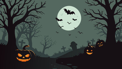 Halloween Graveyard Vector Background with Pumpkins, Full Moon, and Bats