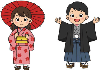 Cartoon Japanese couple in traditional kimono and hakama, girl holding umbrella, cultural clothing illustration, festival outfit, Asian heritage vector art design