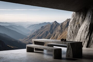 Mountaintop terrace with concrete furniture and a breathtaking view.