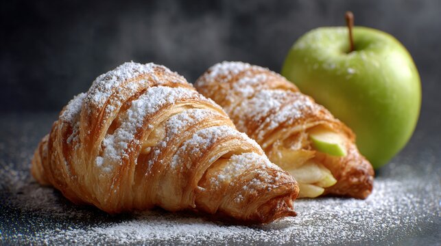 A pale minimal backdrop with apple-stuffed croissants and powdered sugar