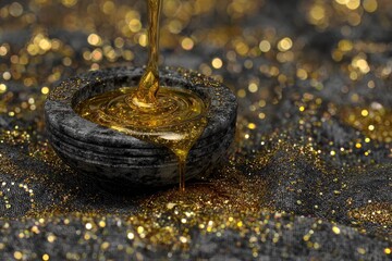 Golden liquid pouring into a dark stone bowl.