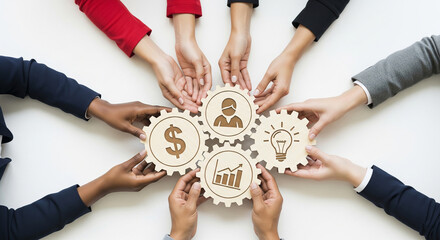 Multiethnic business people collaboratively holding interconnected wooden gears with business icons (growth, finance, idea, people), symbolizing teamwork and shared strategy
